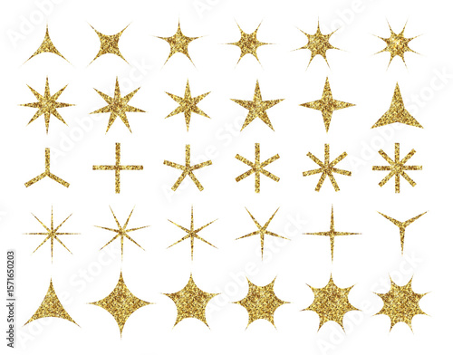 Y2k glittering star sparkle bling abstract shapes set. Golden sparkling minimal geometric signs and symbols in trendy retro 2000s style. New year aesthetic. Isolated vector elements