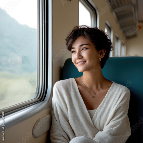 Young Asian woman with short hair smiling while sitting by train window, wearing white sweater, natural light, peaceful travel mood Free Download Young Asian woman with short hair smiling while sitting by train window, wearing white sweater, natural light, peaceful travel mood - GFXLoad