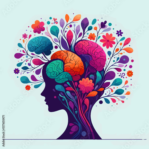 Vibrant Woman's Mind Blossoming with Colorful Creativity on Minimalist Background