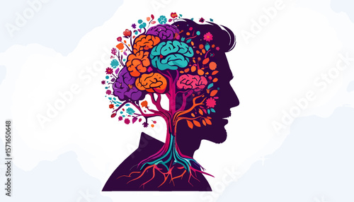 Brain Tree Growing from Human Profile in Vibrant Symbolic Representation