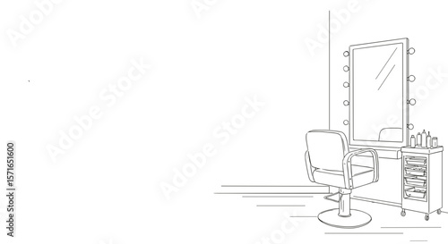 Hair salon interior with mirror, styling chair, and storage unit  