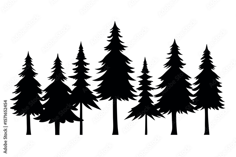 Obraz premium Black Vector Silhouette Set of Evergreen Pine Trees in Forest Landscape – Seasonal Nature Illustration