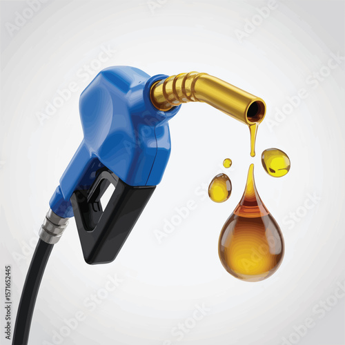 Blue fuel nozzle dispensing golden liquid gasoline with falling droplets