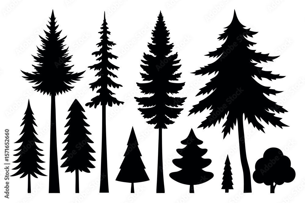 Obraz premium Black Pine Tree Silhouette Set – Evergreen Forest Trees in Nature Landscape Vector