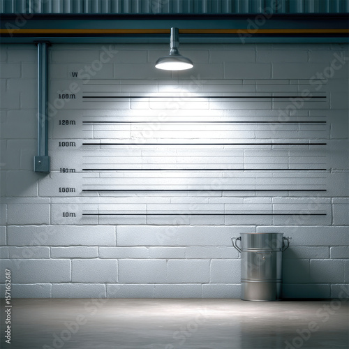Empty police mug shot background with height chart, white brick wall, metal bucket, industrial lamp, and dramatic lighting create tense atmosphere