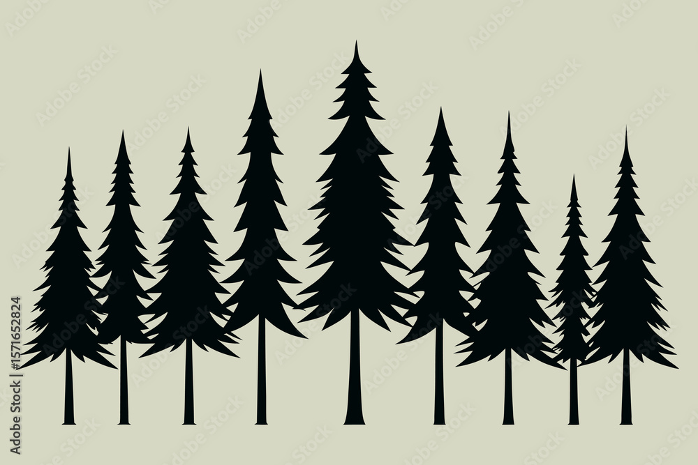 Obraz premium Black Pine Tree Silhouette Set – Evergreen Forest Trees in Nature Landscape Vector