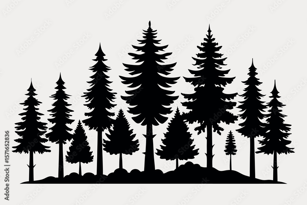 Obraz premium Realistic Pine Tree Silhouettes – Flat Black Forest Vector Trees on White Background