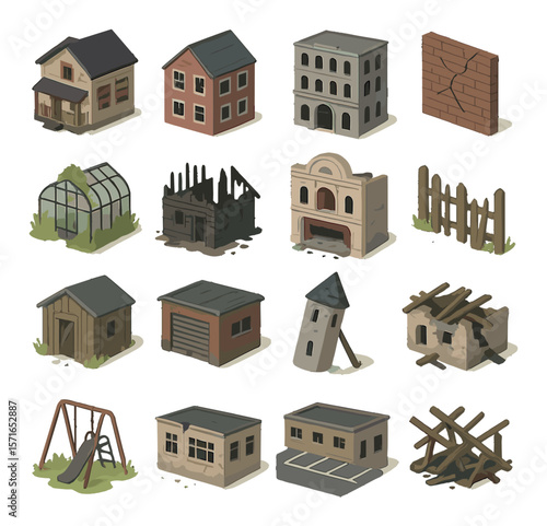 Abandoned building set. simple icons: house, greenhouse, garage, tower, wall vector icons.