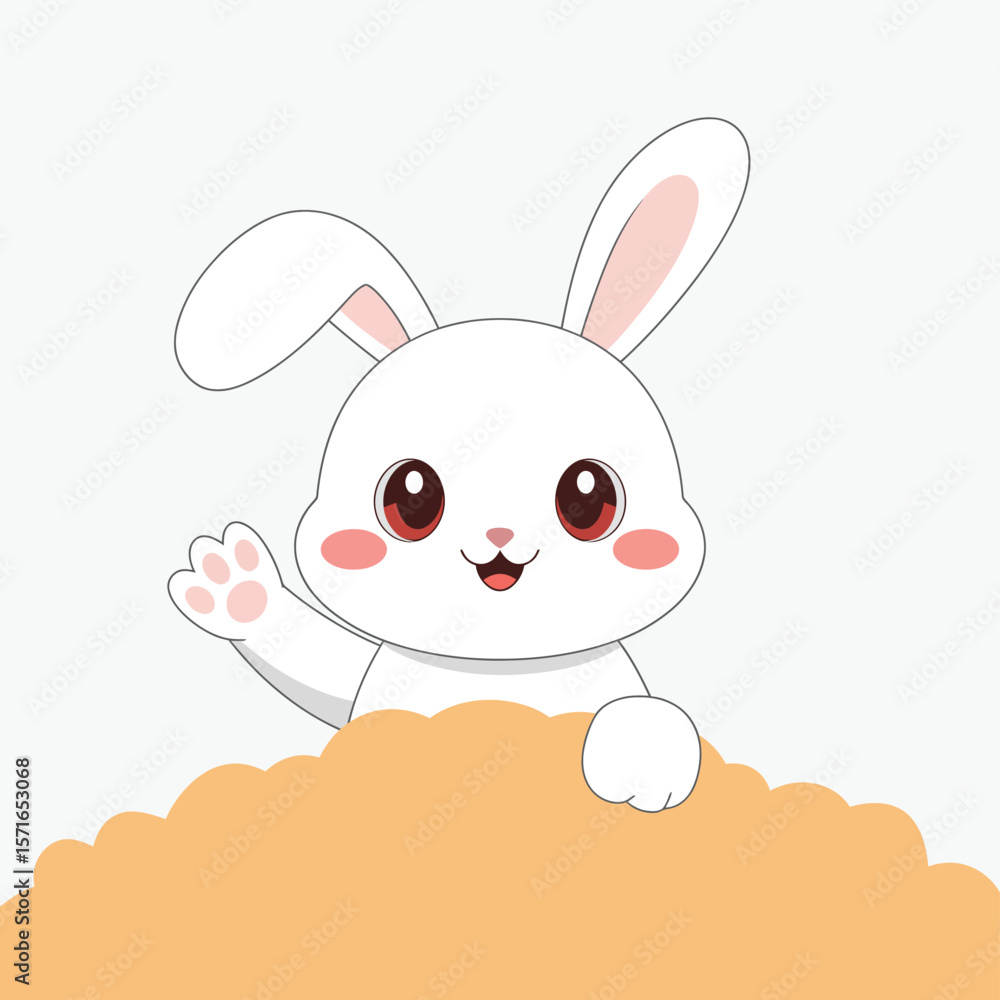 Obraz premium Cute white cartoon rabbit waving hello from behind an orange cloud shape
