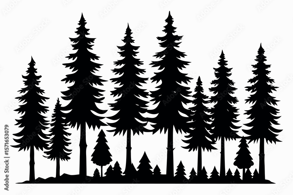 Obraz premium Set of Evergreen Tree Silhouettes – Black Forest Trees on White Background