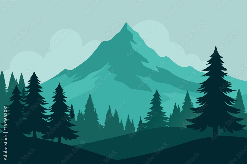 Fototapeta premium Black Pine Tree Silhouette with Mountain and Fog – Forest Landscape with Clouds and Sky