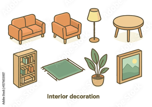 Modern interior icon set. simple furniture: sofa, lamp, table, rug, plant vector icons.