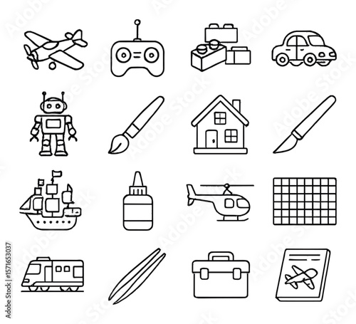 Hobby model icon set. simple hobbies, tools, robot, plane, car, house, ship vector icons.