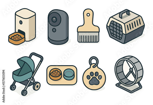 Pet accessories set. minimalist silhouette bowls, brush, carrier, stroller, feeder vector icons.