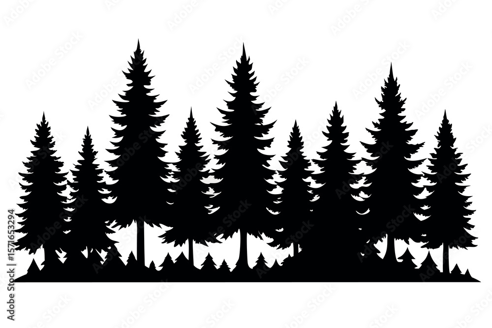 Obraz premium Silhouettes of evergreen trees in a forest setting