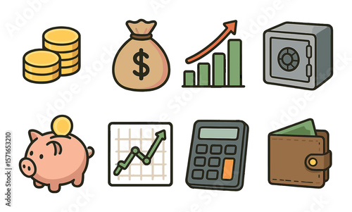 Finance icon set. wealth management flat symbols. coins, piggy bank, graph, wallet vector icons.