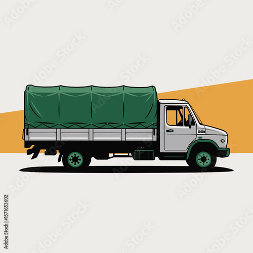 Illustration of a classic white truck with a green tarp covering its cargo bed