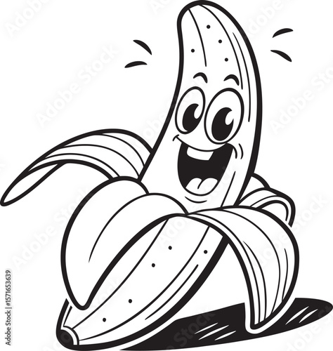 Vector art of a cheerful cartoon banana with a wide smile is partially peeled open