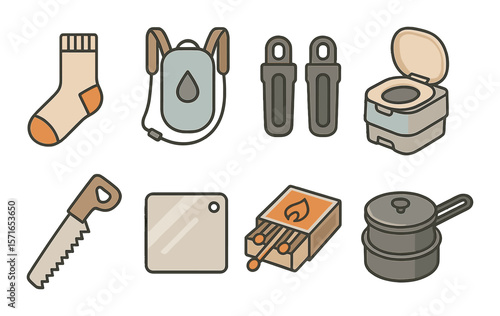 Camping gear set. outdoor essentials flat icons. sock, backpack, toilet, saw, matches vector icons.