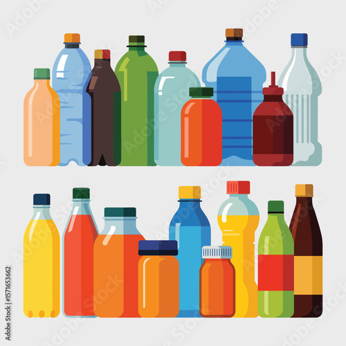 Collection of colorful plastic bottles containing various liquids and beverages