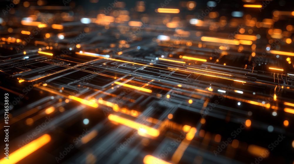 Obraz premium 3D Futuristic circuit background. Motion graphic for abstract data center, server, internet, speed. Futuristic HUD tunnel. Display screens for tech titles and background, tech headline. 3D render