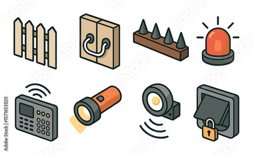 Home safety icon set. security, alarm, lock, fence, light, flashlight, barrier silhouette vector icons.