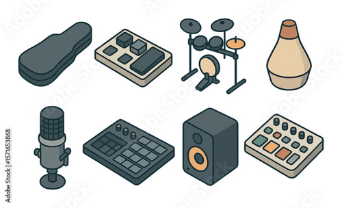 Music instrument set. modern musical tools flat guitar, drums, speakers, mic vector icons.