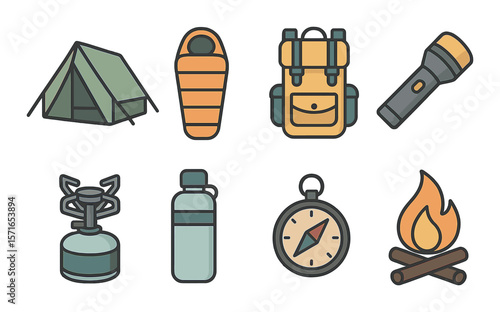 Camping gear set. minimalist camping equipment flat icons. tent, backpack, flashlight vector icons.