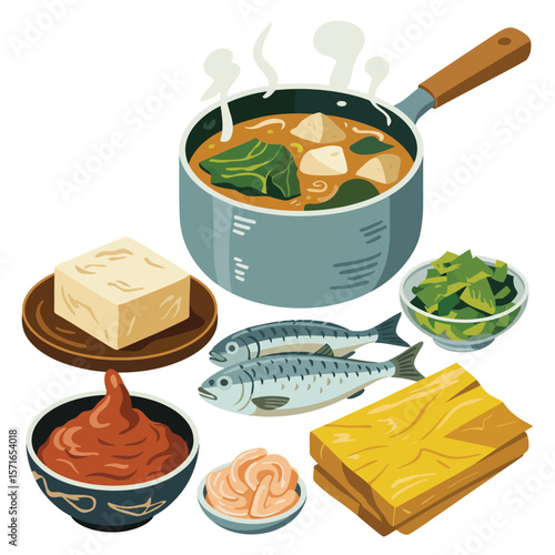 Illustration of ingredients for japanese miso soup with fish and tofu