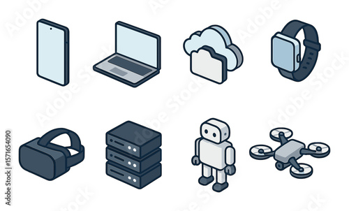 Tech icon set. simple linear devices. laptop, smartphone, robot, drone, server vector icons.