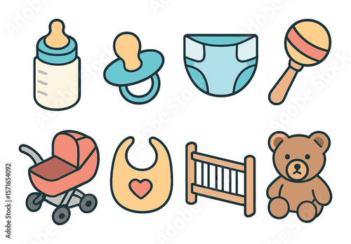 Baby care icon set. simple baby bottle, pacifier, diaper, rattle, teddy, pram vector icons.