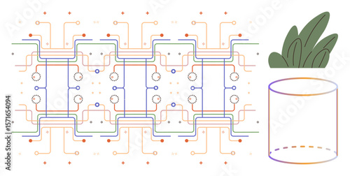 Geometric circuit pattern connects digitally, small green plants add nature, and translucent cylinder symbolizes storage or processing. Ideal for tech, nature, data, science, innovation, storage