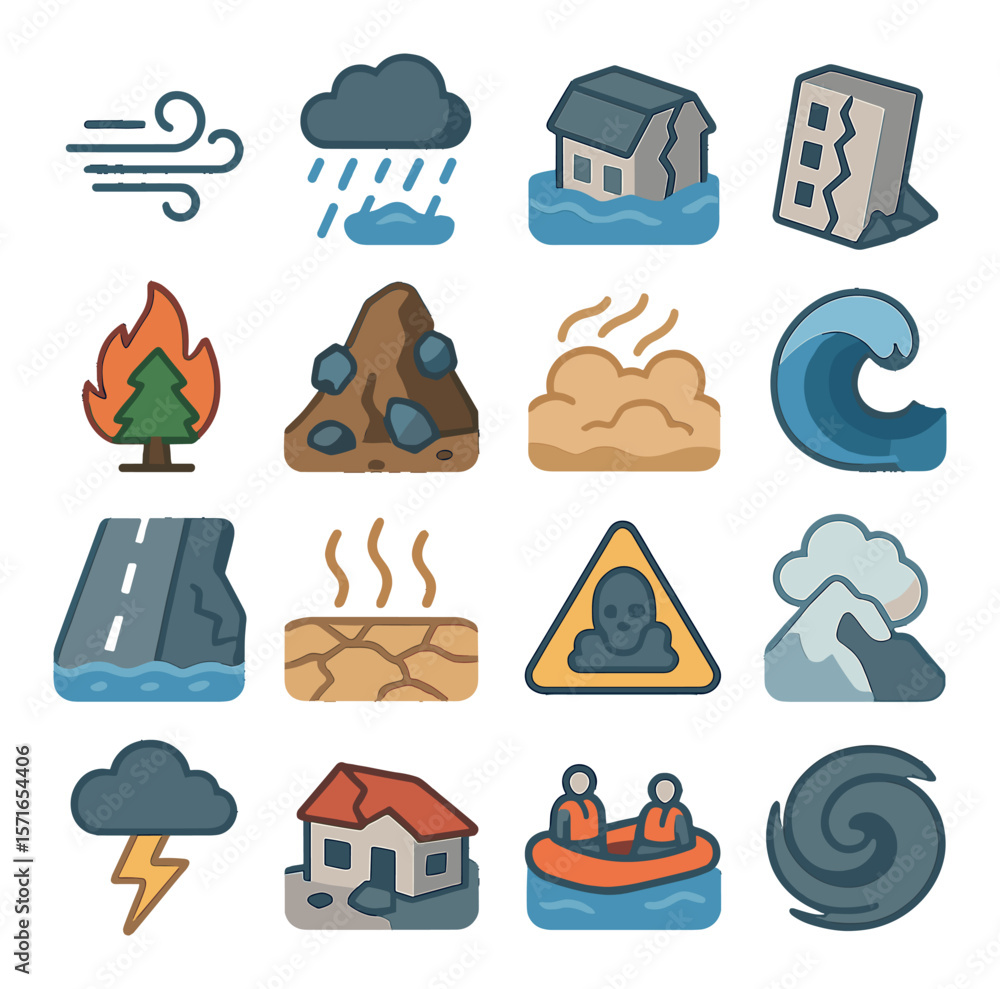 Naklejka premium Weather disaster icon set. simple storm, flood, earthquake, wildfire, hurricane vector icons.