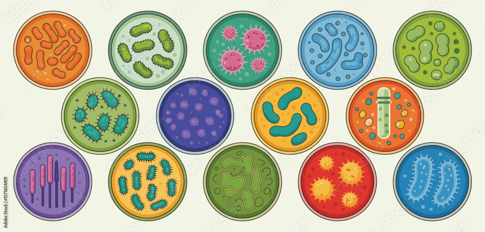 Collection of colorful petri dishes filled with various types of cartoon bacteria and viruses