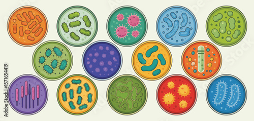 Collection of colorful petri dishes filled with various types of cartoon bacteria and viruses