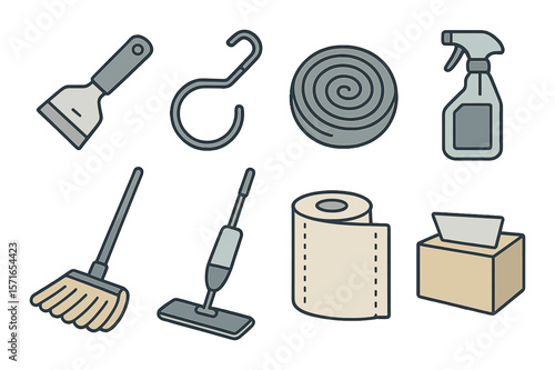 Cleaning tools icon set. modern silhouette icons: mop, spray, hook, roll, scraper vector icons.