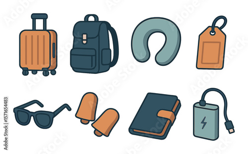 Travel essentials set. modern travel, luggage, passport, headphones, powerbank flat vector icons.