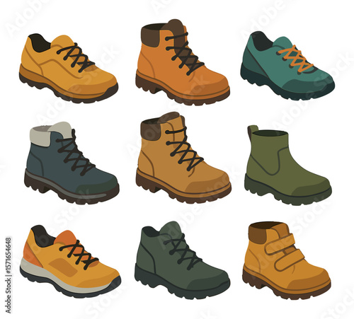 Hiking boot set. outdoor footwear silhouette icons. boot, shoe, laces, trail vector icons.
