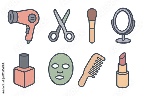 Beauty salon set. simple makeup, scissors, mirror, lipstick, comb, mask vector icons.