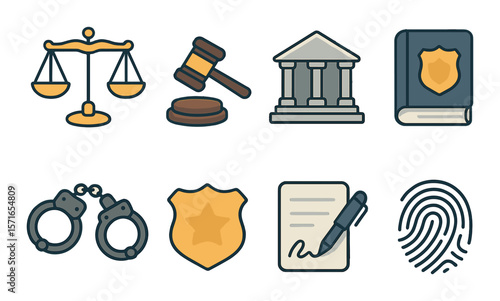 Legal icon set. court, gavel, courthouse, badge, book, handcuffs, fingerprint silhouette vector icons.