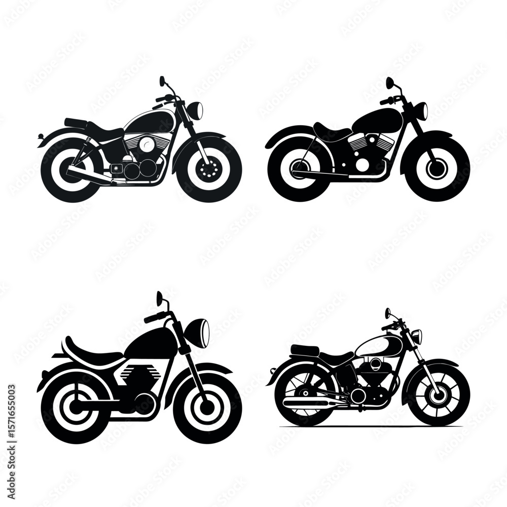Naklejka premium Collection of four classic motorcycle silhouettes displayed side by side on a white background