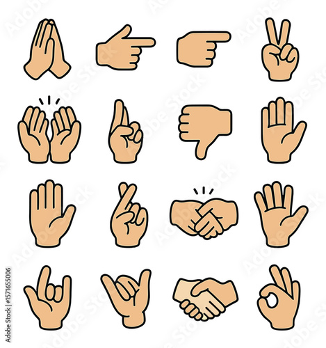 Gesture icon set. simple linear hands, signs, thumbs, clap, peace, fingers, vector icons.