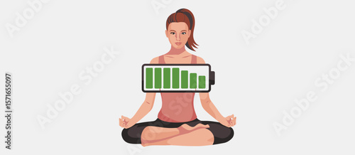 Woman meditating with a low battery symbol representing energy levels