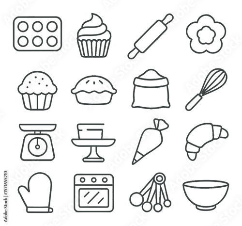 Baking essentials set. simple baking tools: cupcake, oven, bowl, whisk, mitt vector icons