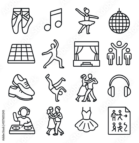 Dance icon set. simple dance floor, ballet, disco, dj, music, theater vector icons.