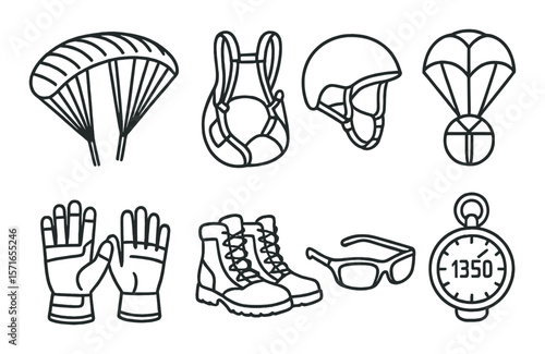 Paragliding gear set. flight equipment linear icons. parachute, helmet, boots, timer vector icons.