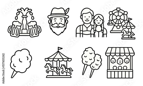 Oktoberfest icon set. festival celebration simple beer, pretzel, carousel, ferris wheel vector icons.