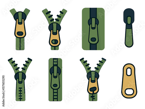 Zipper icon set. minimalistic linear zipper, pull, fastener, closure vector icons.