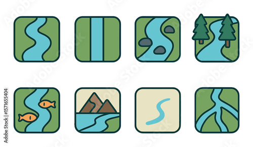River icon set. modern waterway linear symbols: river, fish, mountain, trees vector icons.