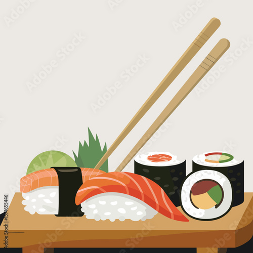 Delicious salmon nigiri and maki rolls with chopsticks on a wooden plate